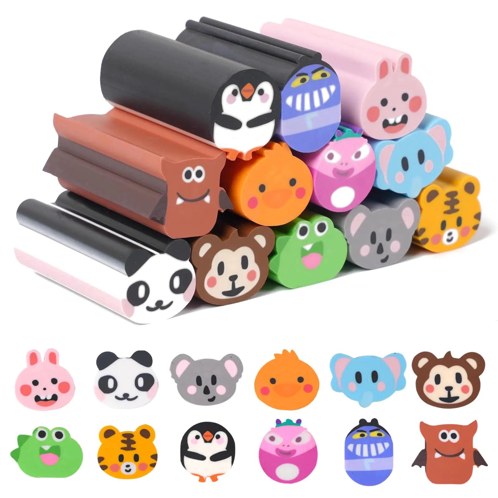 Wolpark 12pcs Long 3D Animal Erasers for Kids Cute Monster Zoo Pencil Erasers Fun Erasers for Back to School Supplies Classroom Students Prizes Farm Party Favors