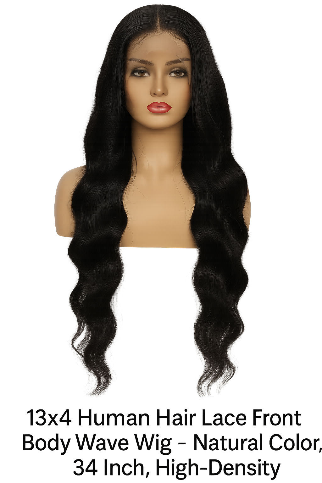 13x4 Human Hair Lace Front Body Wave Wig – Natural Color, 34 Inch, High-Density