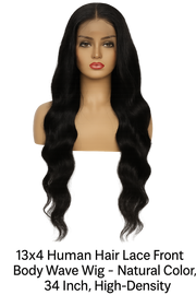 13x4 Human Hair Lace Front Body Wave Wig – Natural Color, 34 Inch, High-Density