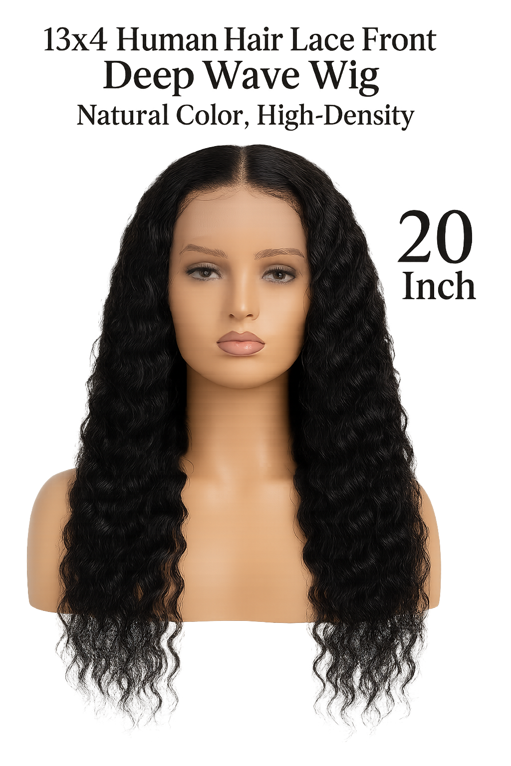13x4 Human Hair Lace Front Deep Wave Wig – Natural Color, 20 Inch, High-Density