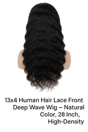13x4 Human Hair Lace Front Deep Wave Wig – Natural Color, 28 Inch, High-Density