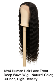 13x4 Human Hair Lace Front Deep Wave Wig – Natural Color, 30 Inch, High-Density