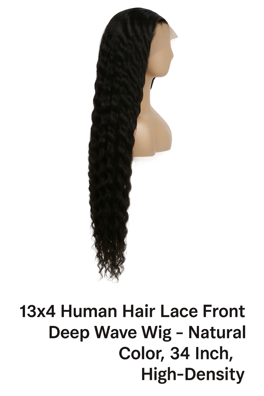 13x4 Human Hair Lace Front Deep Wave Wig – Natural Color, 34 Inch, High-Density