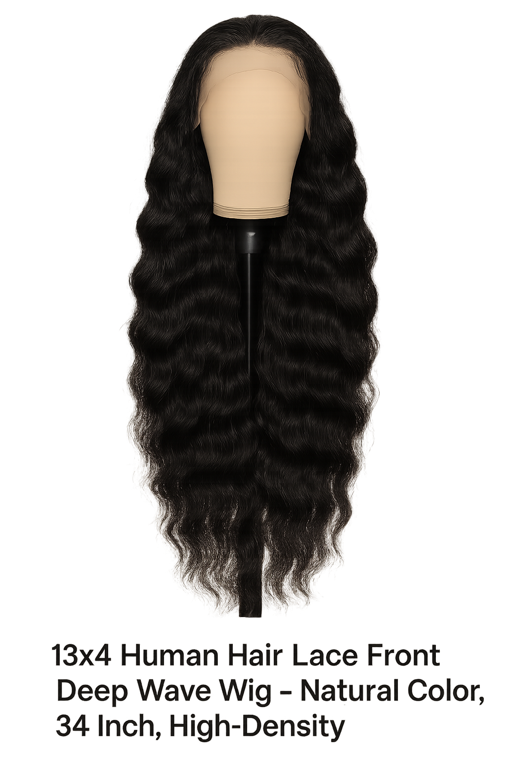 13x4 Human Hair Lace Front Deep Wave Wig – Natural Color, 34 Inch, High-Density