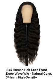 13x4 Human Hair Lace Front Deep Wave Wig – Natural Color, 34 Inch, High-Density