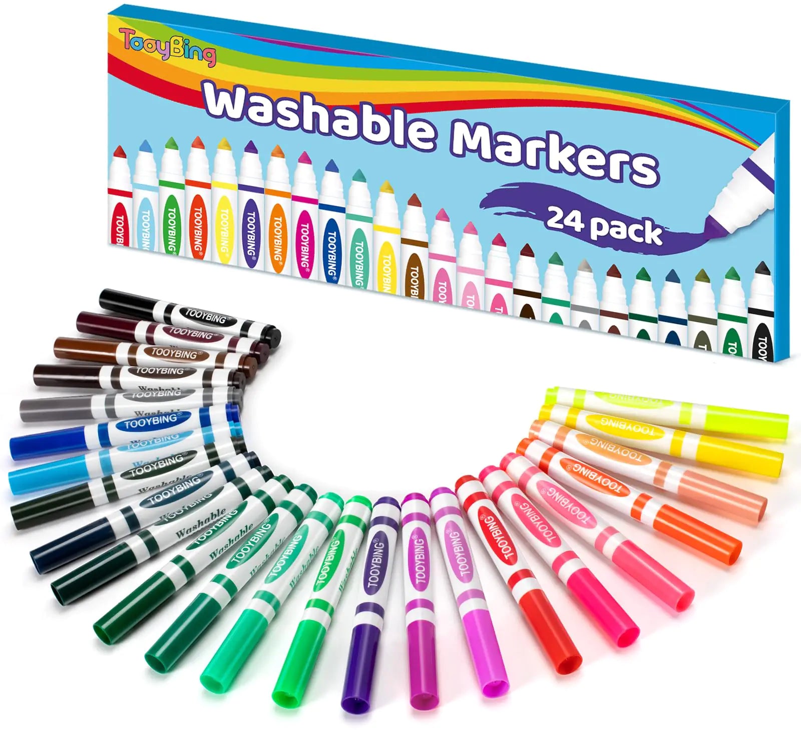 TooyBing 24 Color Washable Markers Colored Washable Markers for Kids Broad Tip Durable Markers for Coloring Book Back to School Classroom Art Supplies for Students Teachers Children
